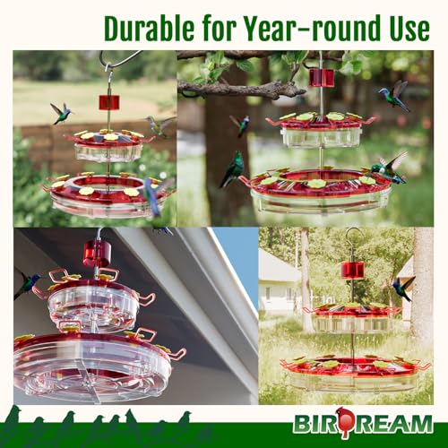 Birdream Hanging Hummingbird Feeder, 20oz | Double-Tier Saucer, 14 Feeding Ports, Ant Moat, Stainless Steel Pole, Easy to Refill and Clean - size: 1 Pack