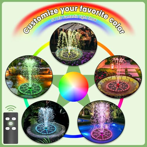 Yzert Remote Solar Fountain Adjust Spray Height with Fantastic Colorful Lights, 2026 6W Solar Bird Bath with 4000 mAh Battery, Solar Water Fountain Pump for Outdoor, Garden Decor, Pond, Pool (54LEDs) - color: 54leds