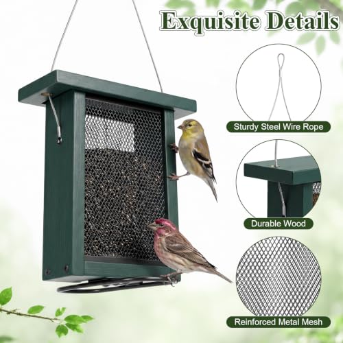 2 Pack Thistle Bird Feeder for Outside Hanging, Heavy Duty Metal Mesh Handmade Wood Feeder, 3 lb Large Seed Capacity, Sliding Mesh, Adjustable Perch, Squirrel Resistant