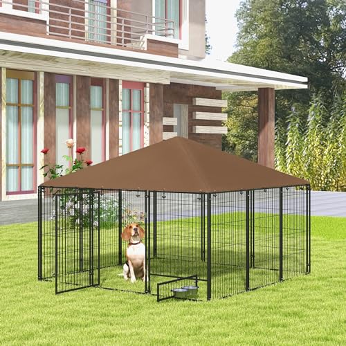 PawHut Outside Dog Kennel, 7' x 7' x 5' Puppy Play Pen with Canopy, Garden Playpen Fence Crate Enclosure Cage Rotating Bowl, for Dogs, Chickens, Ducks, Black | Puppy Play Pen, Garden Fence Crate Enclosure Cage, Rotating Bowl for Dogs Chickens Ducks - size