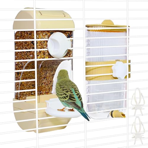 Automatic Bird Feeder Waterer Kit Bird Cage Hanging Waterer Parakeet Leak-Proof Feeder Parrot Vegetable Clips Cage Accessories for Budgies Lovebirds Finches Canaries Parrotlets Conures (Yellow) - color: Yellow
