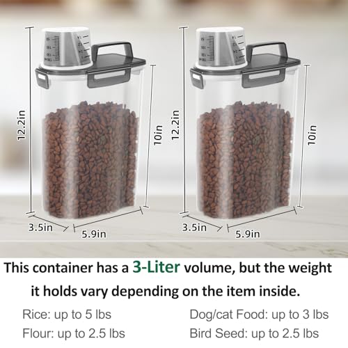 2 Pack 3 Lbs Pet Dog Cat Food Bird Seed Storage Containers for Travel -Grey | Airtight 5 Lbs Rice Dispenser Flour Container Keep Fresh Portable Cereal Oatmeal Holder Large Pour Spout Measuring Cup Handle - color: Grey-3L 2Pack