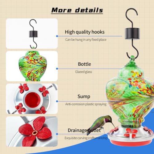 Hummingbird Feeder Colorful Blown Glass Outdoor Hummingbird Feeder with Ant Moat and 5 Feeding Ports for Outdoors Hanging Garden Decor, Bird Lovers (Green-2) - color: Green-Phoenix