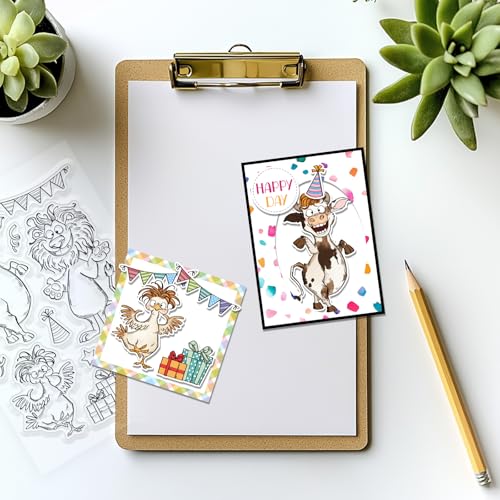 CHGCRAFT Happy Animal Clear Stamps Cow Chicken Lion Transparent Stamps Animal Party Silicone Clear Stamp Seals for Carding Making DIY Scrapbooking Photo Album Decoration, 4.3x6.3 inch - style: Animal Party