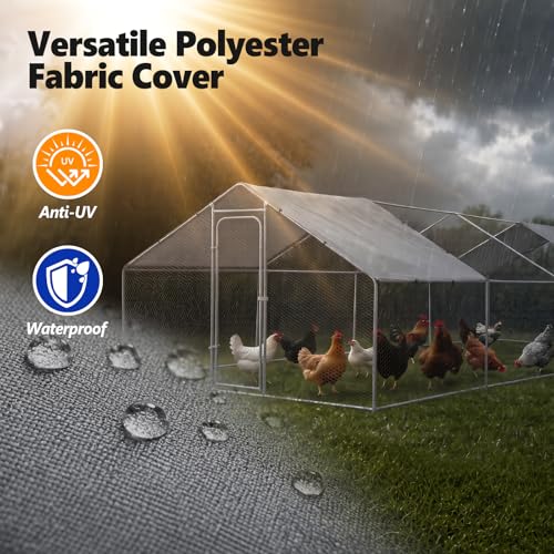 Metal Chicken Coop with Waterproof Pitched Roof, 26.3×9.8×6.4ft | Thickened Steel Frame, Predator-Proof Wire, Weatherproof & UV Resistant Cover, Detailed Assembly Guide & Tool Kit - size: 315.6"L x 118.1"W x 76.8"H