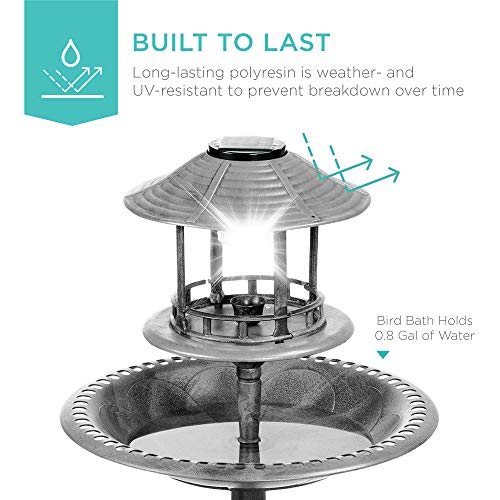 Best Choice Products Solar Outdoor Bird Bath Vintage Resin Pedestal Fountain Decoration for Yard, Garden w/Planter Base, Feeder, Decorative Bird Cage, Fillable Stand - Stone - color: Stone