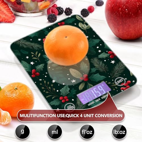 Food Scale Kitchen Scale Food Weight Scales Digital Weight Grams and Ounces Small Electronic Food Scale for Baking Cooking Holly Berries Pine Needles Stars Dark Green - color: Holly Berries Pine Needles Stars Dark Green