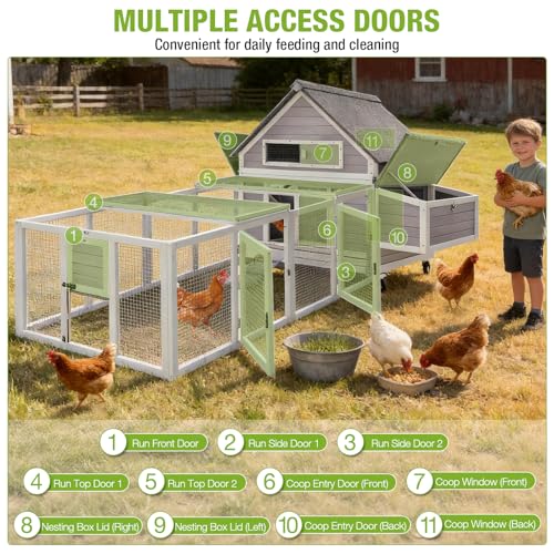 GUTINNEEN 119" Large Chicken Coop with Run, 35.4ft² Overall Space for 4-6 Chickens, Outdoor Mobile Wooden Hen House & Duck Coop on Wheels with Wire Fence Run, Removable Tray & 2 Nesting Boxes - color: Grey with Run 35.4ft²