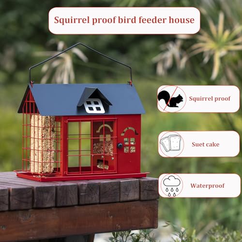 Caged Bird Feeder House, Squirrel-Proof, Multi-Purpose Seed&Suet Wild Bird Feeders, Metal, 3Lb Seed Capacity+2 Suet Cake, Large Bird Proof Hanging Feeder, Red - color: Red