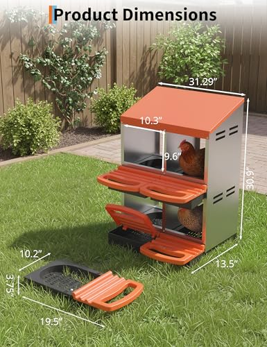 GarveeLife Chicken Nesting Box 4 Hole, Galvanized Steel Nest with Roll Away Egg Collection & Swing Perch, Easy-Clean Laying Box for Hens, Heavy Duty Design for Chicken Coop - color: Orange, size: 4 holes 2 layers