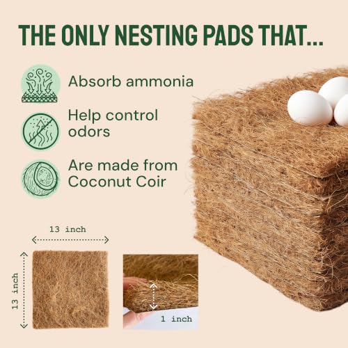 Hatortempt Chicken Nesting Pads for Chicken Coop, 13"x13" 10-Pack Bedding | Ammonia Absorbing Coconut Coir - Reduce Box Odors - Tear-Resistant Chicken Supplies - Trimmable Nest Liners for Laying Hens