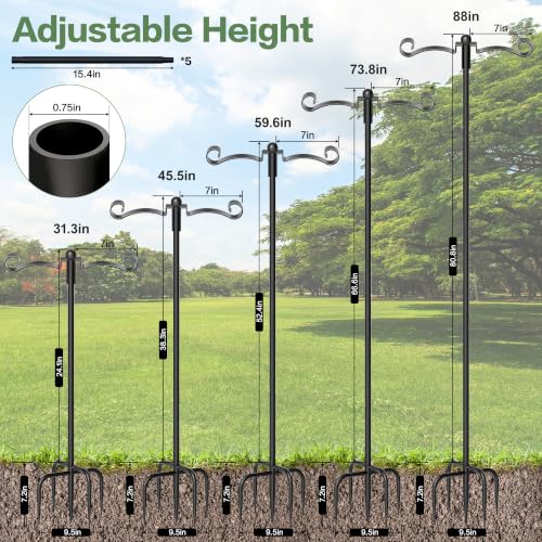 88" Adjustable Double Shepherds Hook for Outdoor, Heavy Duty 3/4" Thick Bird Feeder Pole with 5-Prong Base for Hanging Plant Baskets, Hummingbird Feeder, Solar Lights, Lanterns (2 Pack) - size: 2 Pack