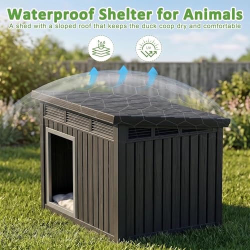 Vixzen Outdoor Duck House, PP Resin Material with Spacious Interior Poultry Shelter, Gas Strut Opening Top & Shutter Vents Chicken Coop for Easy Cleaning and Storage Use in Outdoor（Black） - color: Black, size: 42.9"L x 33.0"W x 31.6"H