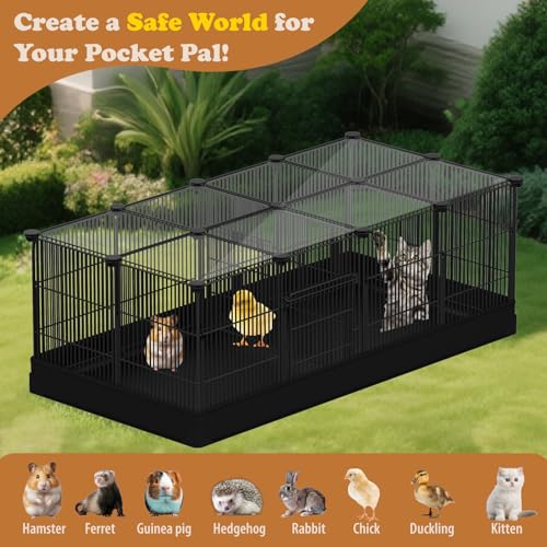 22 Panels Small Animal Playpen, Pet Playpen with Doors & Waterproof Mat | Metal Wire Yard Fence for Rabbits, Guinea Pigs, Hamsters, Chicken, Hedgehogs, Indoor Outdoor C&C Cage Black
