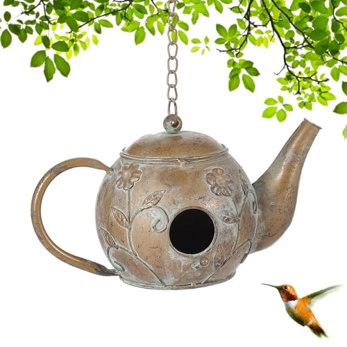 Bird House, Teapot Hanging Bird House, Metal Bird Houses for Outside, Antique Cute Birdhouse, Unique Decorative Birdhouses for Outdoors Garden Patio Yard Lawn Backyard Decor - color: antique