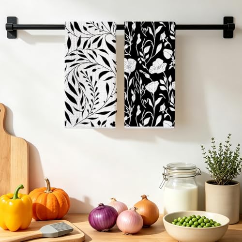 2 Pcs Black White Flower Kitchen Towels, Floral Seamless Waffle Hand Towel | Absorbent Microfiber Dish Cloth Tea Towel for Kitchen Bathroom Decor, Housewarming Gifts for Women 24x14 Inch - color: Multi 1376