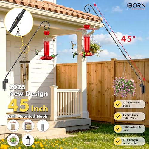 iBorn 45" Wall Mount Hanging Bracket,Heavy Duty Bird Feeder Pole for Hanging Bird Feeder, Planter, Suet Baskets, Wind Chimes, 180°Rotatable Arm,Solid Wire, Pack of 2 - size: 45"Hanging Bracket,Pack of 2