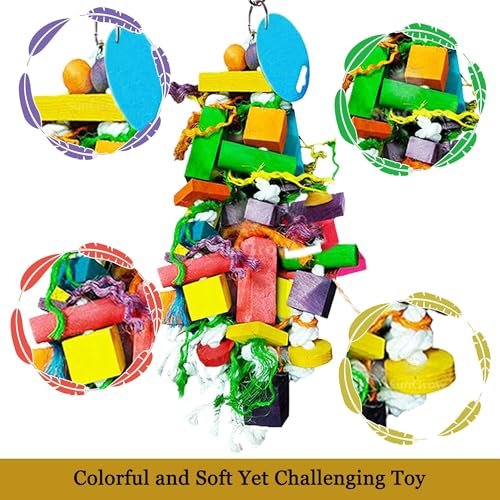 SunGrow Parrot Wooden and Rope Chewing Toy, Multi-Shaped and Multicolored Blocks and Cotton Rope with Hanging Loop (6 Inches)