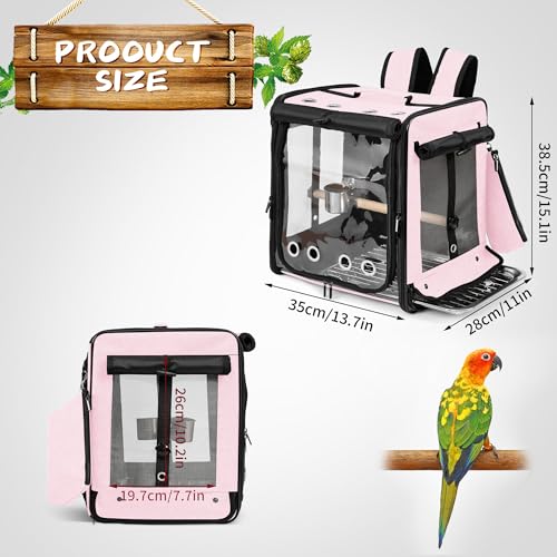 Bird Carrier with Seat Belt for Car Travel, Bird Backpack Carrier with Indestructible Stainless Steel Mesh, Large Bird Carrier Travel Cage, Pink - color: Pink, size: 13.5"L x 10.0"W x 15.5"H