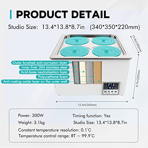 LAB FISH BHS-4 Lab Water Bath, 12L Digital Thermostatic Heater | 12L capacity, digital thermostat, precision heating, stainless steel tank, 4 openings, for lab sample warming & incubation - style: BHS-4(12L)