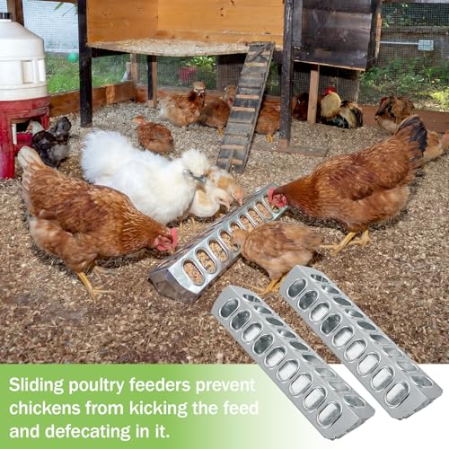 Potchen 2 Pcs Slide-top Poultry Feeder Durable Galvanized Metal Chicken Feeder Trough with Removable Top Trough Multi-Hole Tray for Pigeon Quails Duckling Birds Duck Chicken(15.5 Inch) - size: 15.5 Inch