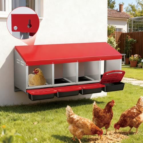 Chicken Nesting Box, 4 Compartment Roll Away Design for High-Volume Egg Collection and Easy Wall Mounting with Metal Legs - color: red, size: 4 holes