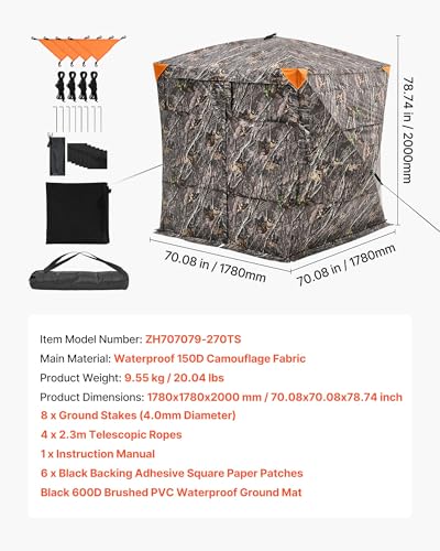 VEVOR Hunting Blind，See Through Ground Blinds with Carrying Bag, 360 Degree Portable Camouflage Tent，Durable Concealed Shelter with Silent Side Door and Window, for Turkey and Deer - size: 4-5 Person（270° See Through) (H-79''）