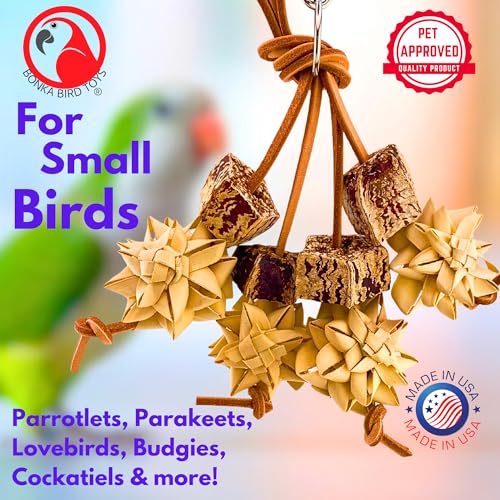 Bonka Bird Toys 1056 Palm & Pod Forage Cluster 5" x 3" Natural Mahogany Pods Palm Flowers Leather Strands for Parrotlets Budgies Lovebirds Small Parrots Cage Enrichment