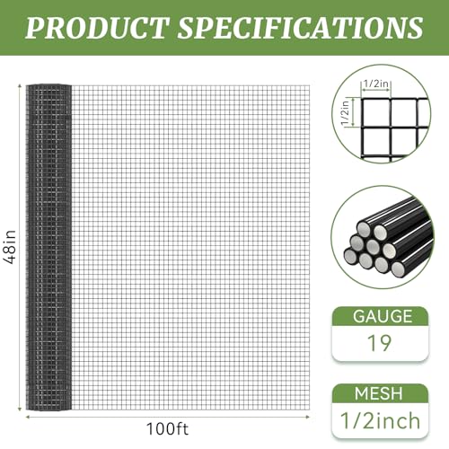 19-Gauge Galvanized Hardware Cloth, 1/2 in Mesh, 48 in x 100 ft | 1/2-inch welded wire mesh roll for chicken coops, garden barriers, tree guards, cage repairs and DIY screens - color: Black, size: 1/2in x 48in x 100ft