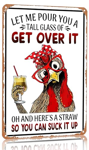 Smilelife Funny Chicken Gifts Chicken Let Me Pour You A Tall Glass of Get Over It Tin Sign for Home Farm Chicken Coop Farmhouse Kicthen Garden Decor 8 X 12 Inch (3188) - color: Light White
