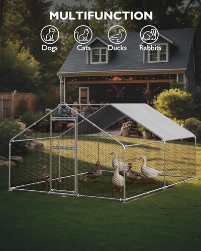 Large Metal Chicken Coop Upgrade Tri-Supporting Wire Mesh, 9.8' W x 13.1' L x 6.5 H Walk-in Poultry Cage, Chicken Run Pen House with Waterproof & Anti-Ultraviolet Cover & Lockable Doors for Outdoor