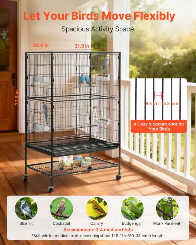 VEVOR Bird Cage, 31.5 x 20.5 x 52 inch, Flat Top, Wrought Iron Bird Flight Cage with Perches, Slide-Out Tray and Plastic Feeders, Casters, for Parrot, Blue Tit, Cockatiel, Canary, and Monk Parakeet - size: 31.5"L x 20.5"W x 52.0"H
