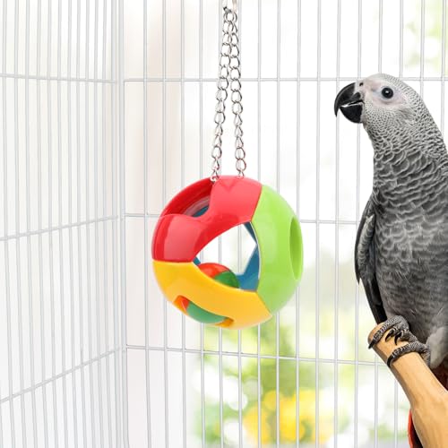 Hypeety Parrot Colorful Ball Toys with Bell Cage Hanging Chewing Ball Toy | With jingle bell inside, durable, chewproof plastic, easy-hanging, for parakeet/conure/cockatiel/small medium bird, 1 ball, C - color: Blue, Yellow, Red