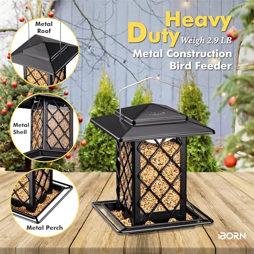 iBorn Bird Feeders for Outdoors, Metal Bird Feeder, Wild Bird Feeders for Cardinal, 2.4LBS Capacity,18cm Large Roof, Lantern Style, Black - color: Black