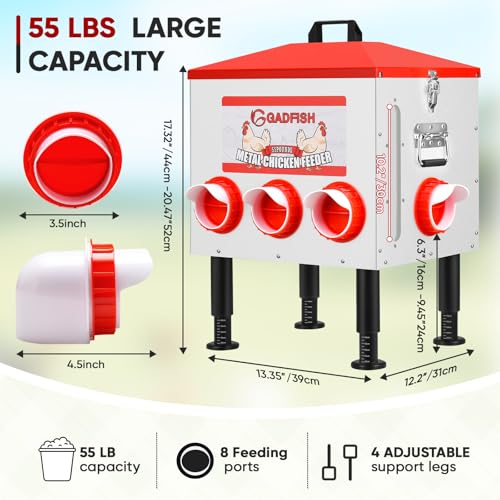 55 lbs Large Capacity Automatic Chicken Feeder - 8 Feeding Ports, No Waste Chicken Feeder, Height-Adjustable Legs & Secure Locking Lid for Chickens, Ducks & Poultry