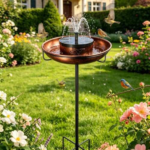Metal Bird Bath with Solar Fountain, 38.8" Standing Bird Bath | Solar Fountain Feature Durable Metal Construction Removable Bird Bath Bowl Stable Ground Stake Design