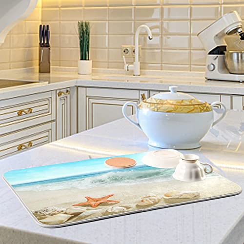 Sweetshow Summer Beach Dish Drying Mat 16 x 18 Inch Sea Wave Shells Starfish Drying Mat with High Absorbent Reversible Microfiber Kitchen Mat Dish Rack Pad Dish Drainer Mat Kitchen Counter Coffee Bar - color: beach, size: 16" x 18"