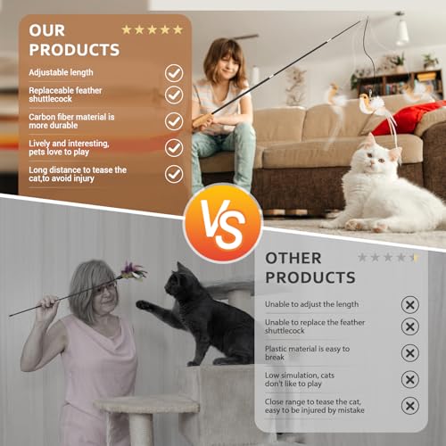 ROSAUI Cat Teaser Wand Toys, Interactive Bird Toys for Indoor Kittens, 42.15’’ Long Cat Fishing Pole Toys, 2Pcs Wires and 5Pcs Natural Refills, Sustainable Wooden Handles, Exercising, Playing - style: Original Wand Set – 2 Rods, 5 Toys