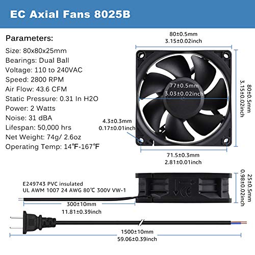 GDSTIME 80mm x 25mm EC Axial Cooling Fan, 110V 120V AC, Dual Ball Bearing | 80x80x25mm, 80-240V Wide, 2W Low Power, ON/OFF Switch, Brushless Motor, for Incubator, Mushroom Grow, Greenhouse Ventilation - size: 80x25mm