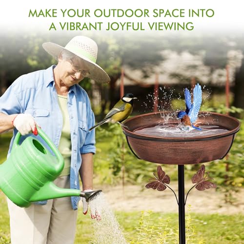 Metal Bird Bath Feeder for Outside – 3.14’’ Deep Birdbaths Bowl with Stable Stake & Upgraded 5-Pronged Base, 13’’ Dia Freestanding for Garden Yard Lawn Decor, 44’’ Tall Easy Clean 1.5 Gallon