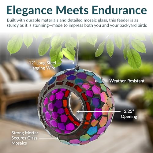 Sunnydaze Mosaic Glass Bird Feeder, Fly-Through, Iridescent Purple Mosaic | 6" Small Unique Hanging Bird Feeder for Outdoors, Drainage Hole, Weather-Resistant, Birdfeeder for Cardinals, Jays, & Finches - color: Iridescent Purple Mosaic