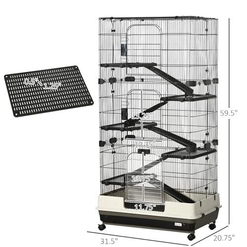 PawHut 59.5" Small Animal Cage with Wheels, 6-Level Portable Bunny Cage, Chinchilla Ferret Cage with Removable Tray, Platform and Ramp | Portable Chinchilla Ferret Cage, Platform, Ramp - size: 53.5"L x 18.0"W x 28.8"H