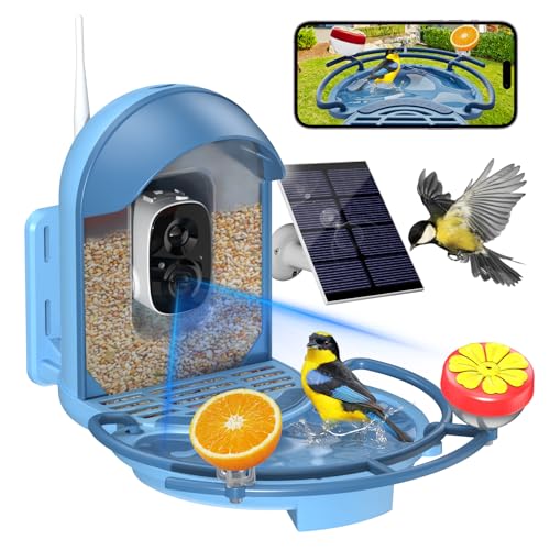Bird Feeder with Camera, AI Recognition, Bird Bath, Solar Powered | Capture stunning 2K video, enjoy solar charging, bird bath design, night vision, smart app alerts and motion detection. - color: Blue, size: With BirdBath