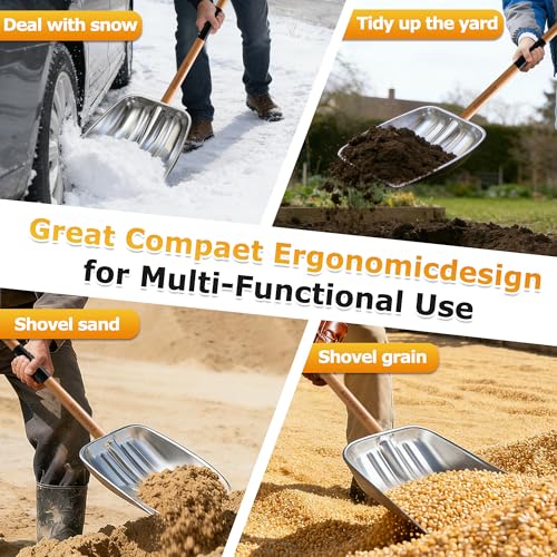 Scoop Shovel, Snow Shovel for Driveway, Non-Slip Wood Handle, D-Handle | Clear Snow, Gravel & Debris Quickly from Driveways and Yards! Wide Heavy Shovel Blade Moves More Material with Less Effort