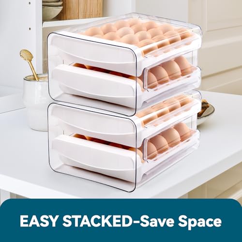 Luckore 2 Tier Egg Holder for Fridge Container for 40 Eggs with Drawer | Clear Stackable Egg Organizer Holder Tray for Fridge, Storage Container with Handles for Refrigerator, Countertop