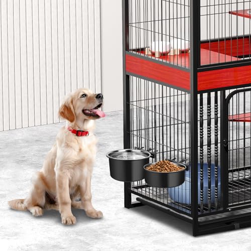 Dog Crate Bowls Hanging No Spill, ShineMe 60oz & 40oz Stainless Steel Dog Kennel Food and Water Bowls Mountable for Large and Medium Pets (7.0 x 3.7” & 6.2 x 2.5”) - color: Black, size: L (7.0x3.7'' & 6.2x2.5'')