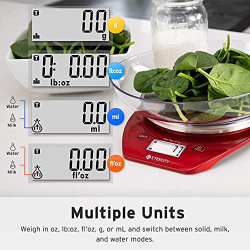 Etekcity Food Kitchen Scale with Bowl, 0.1g, Grams and Ounces | 11lb/5kg capacity with tare, removable bowl, ideal for baking, coffee, meal prep and portion control, Stainless Steel, Red - color: Chili Red