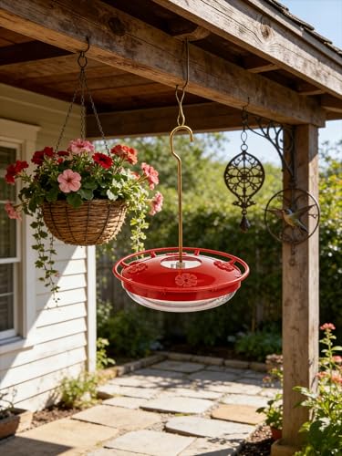 Watch Hummingbirds Up Close, 12 oz Hanging Hummingbird Feeder, Easy Fill and Clean, Leak-Proof Design for Outdoors, 9.4 Inches Tall，5 Flower-Shaped Feeding Ports and Perches