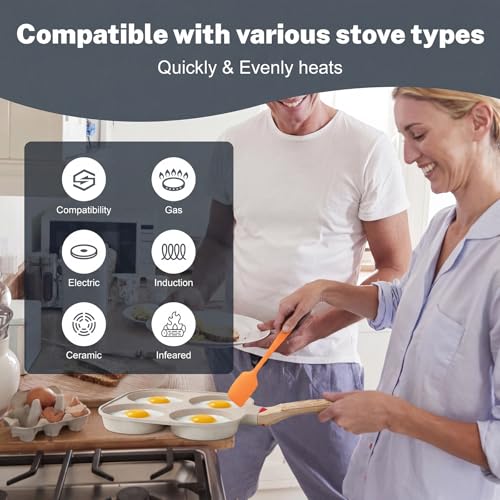 4‑Cup Nonstick Egg Pan Set with Lid – Aluminum Omelette Skillet for Breakfast, Includes Silicone Scraper, Oil Brush, Chopsticks & Cleaning Cloth – Compatible with Gas & Induction Cooktops (White) - color: White
