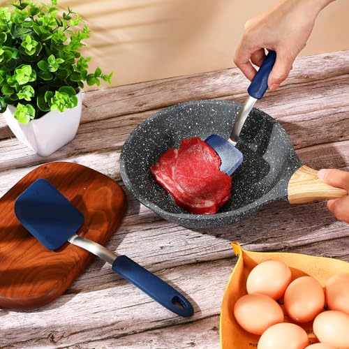 Silicone Cookie Spatula Turner 2 Pack Mini Brownie Spatula Flexible Kitchen Small Silicone Turner for Nonstick Cookware Heat Resistant No Scratch Flipper for Egg(Solid Flat,Blue) - color: Blue